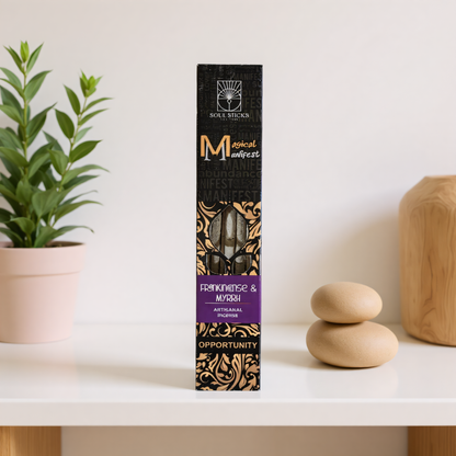 Magical Manifest Frankincense & Myrrh Incense on an airy neutral living room shelf