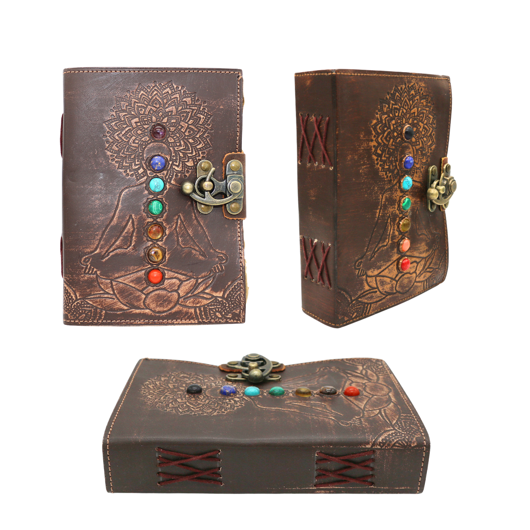 7 Chakras with Stones Embossed Blank Leather Journal 5" x 7"