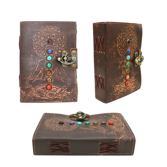 7 Chakras with Stones Embossed Blank Leather Journal 5" x 7"