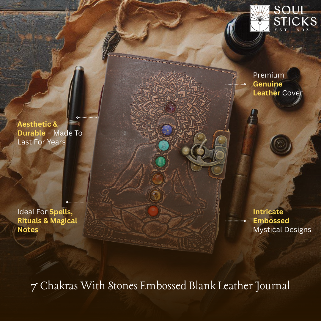 7 Chakras with Stones Embossed Blank Leather Journal 5" x 7"