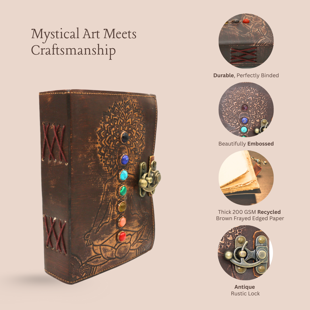7 Chakras with Stones Embossed Blank Leather Journal 5" x 7"