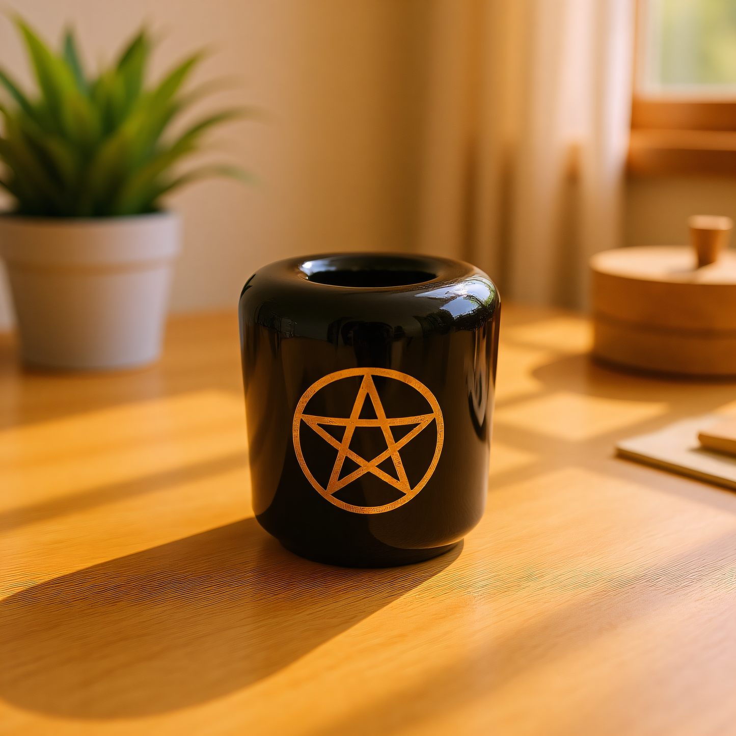 Ceramic Candle Holder Black with Gold Pentacle image 2