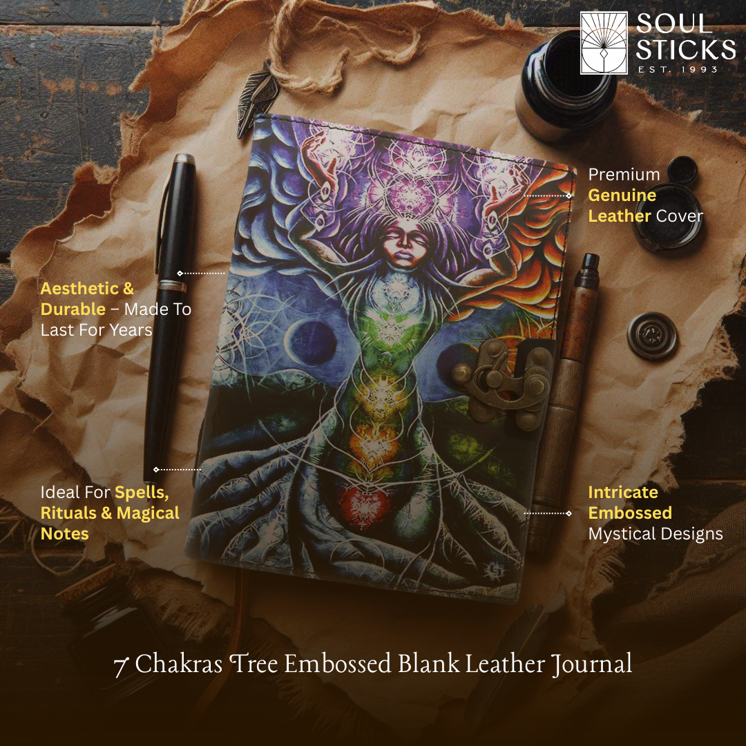 7 Chakras Tree Embossed Blank Leather Journal 6" x 8"