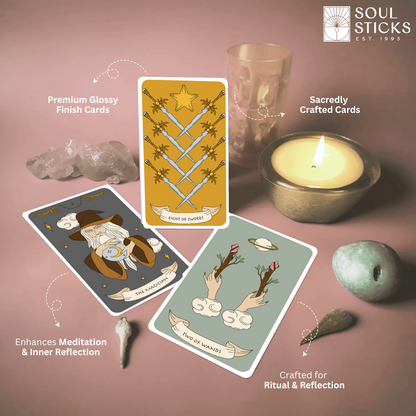 Set of spiritual cards with mystical artwork and messages.