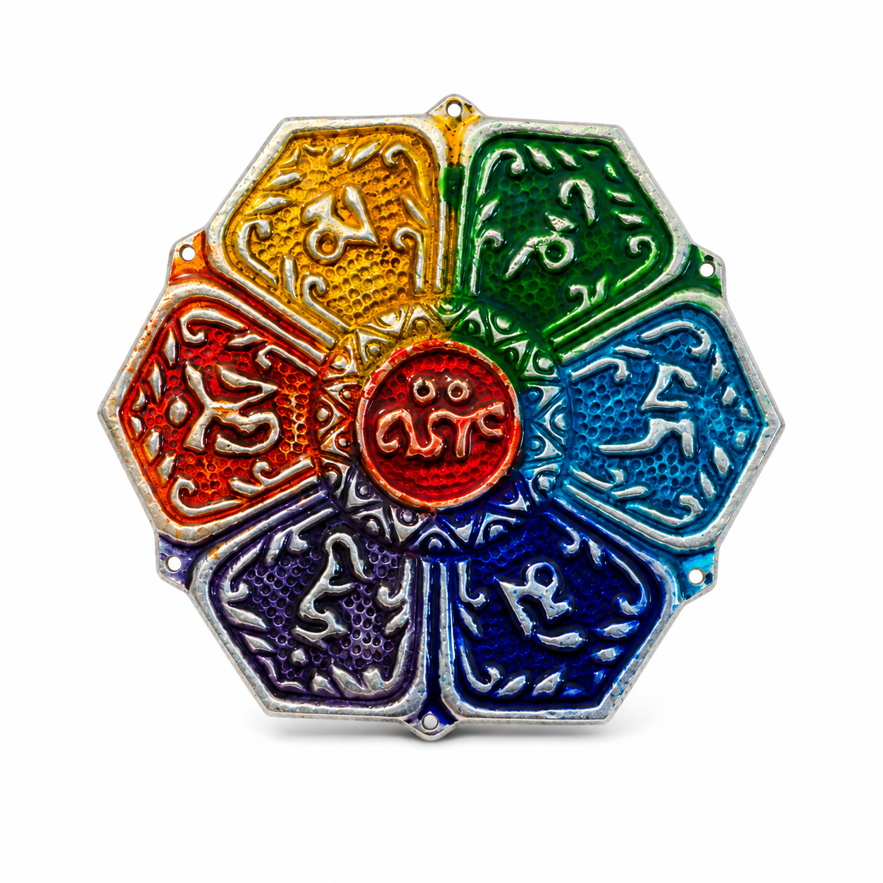 Colorful lotus-shaped metal incense holder with six chakra-inspired petals in red, yellow, green, light blue, dark blue, and purple, featuring embossed spiritual symbols, a red Om symbol in the center, and incense stick holes around the outer edge.