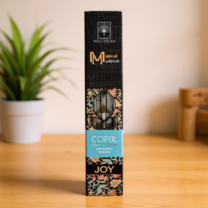Magical Manifest Copal Incense on a bright sunlit rustic kitchen counter