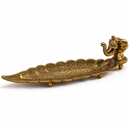 Elephant Incense Stick Holder & Ash Catcher – Ornate Gold-Tone Elephant Incense Burner Tray for Meditation, Altar & Home Décor