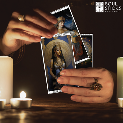 Set of spiritual cards with mystical artwork and messages.