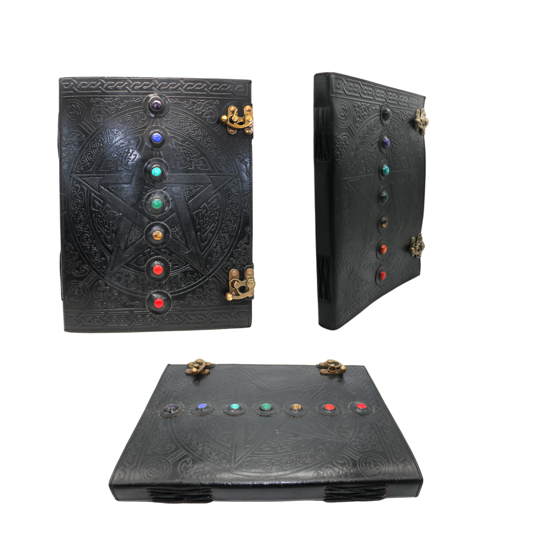 Black 7 Chakras with Stones Embossed Blank Leather Journal 10" x 13"