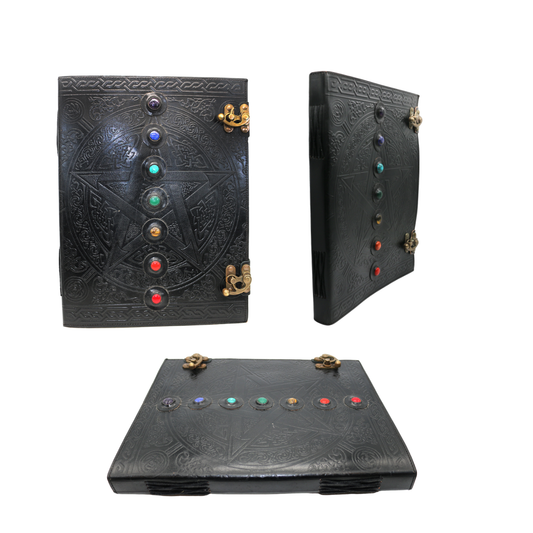 Black 7 Chakras with Stones Embossed Blank Leather Journal 10" x 13"