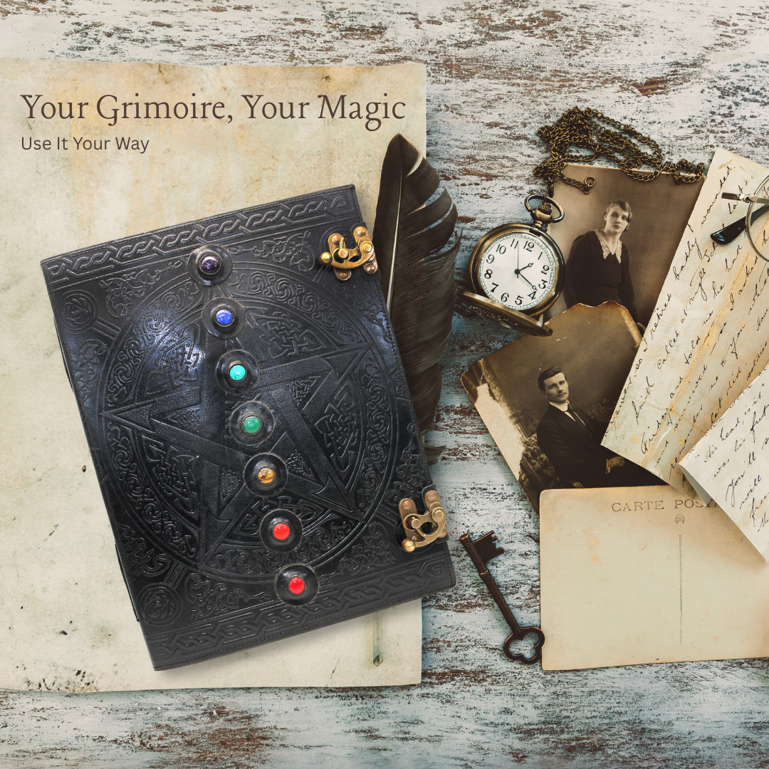 Black 7 Chakras with Stones Embossed Blank Leather Journal 10" x 13"