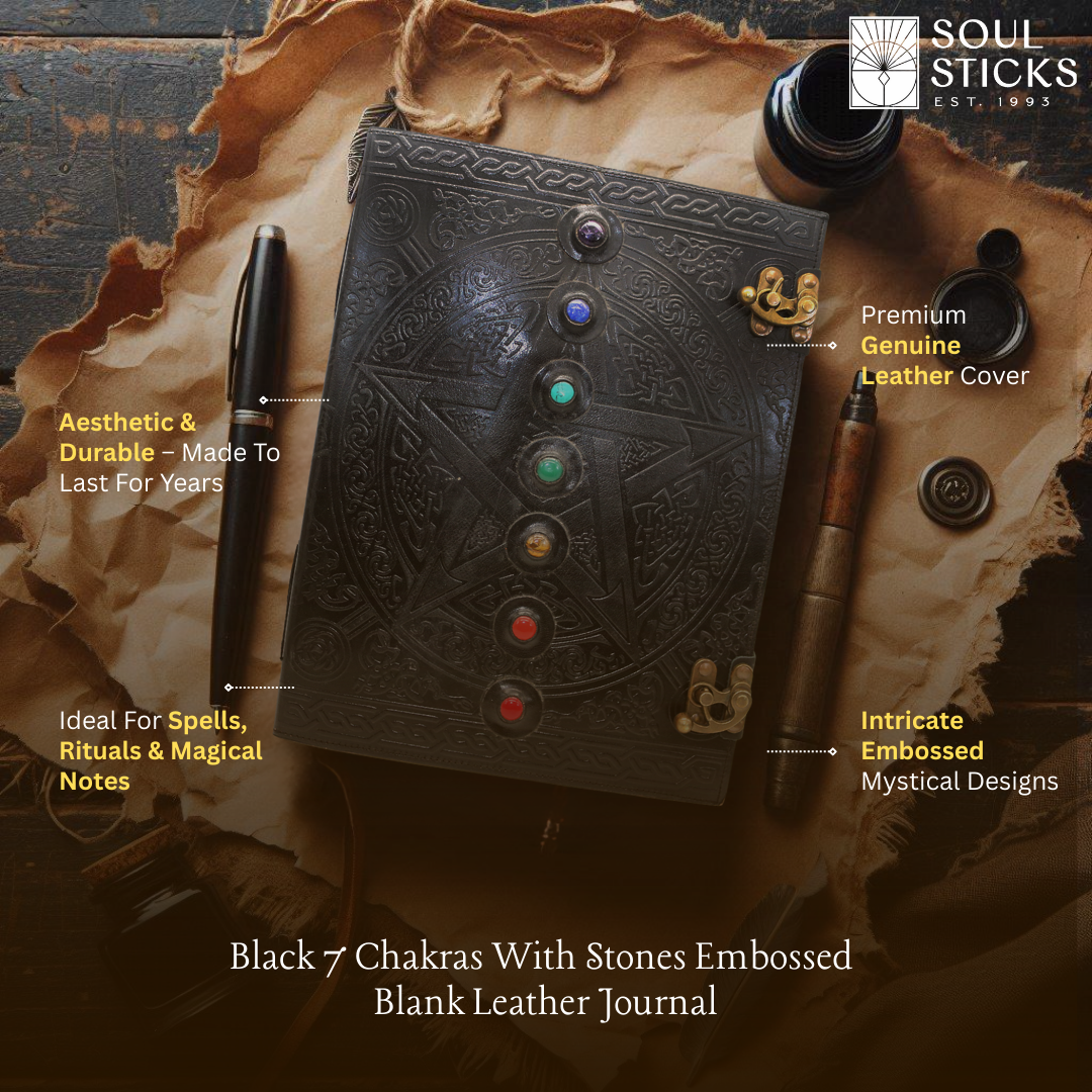 Black 7 Chakras with Stones Embossed Blank Leather Journal 10" x 13"