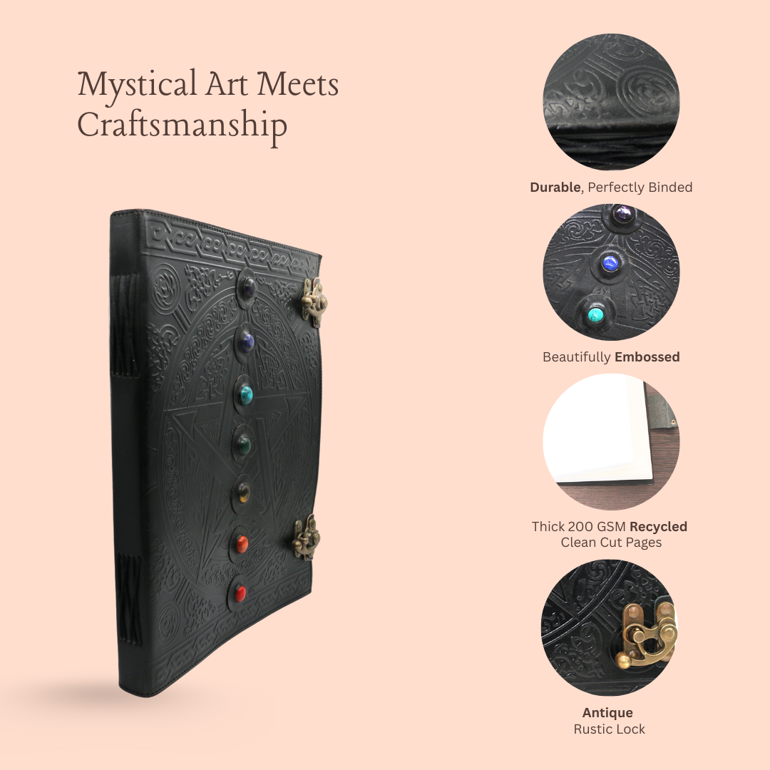 Black 7 Chakras with Stones Embossed Blank Leather Journal 10" x 13"