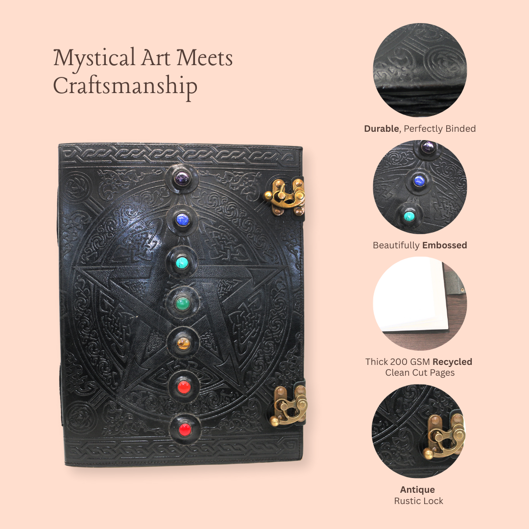 Black 7 Chakras with Stones Embossed Blank Leather Journal 10" x 13"