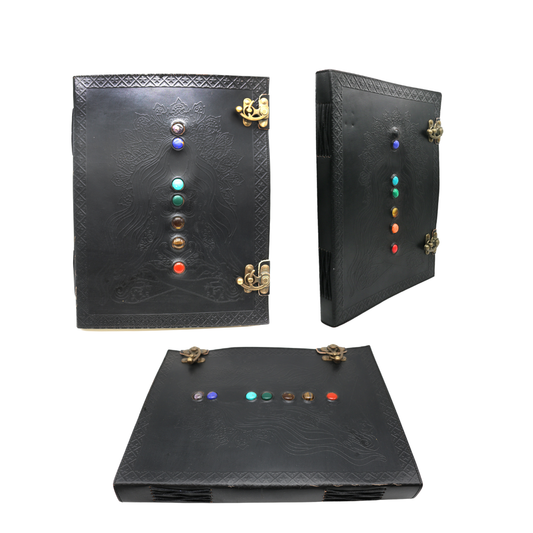 Black 7 Chakras Goddess Embossed Blank Leather Journal 10" x 13"