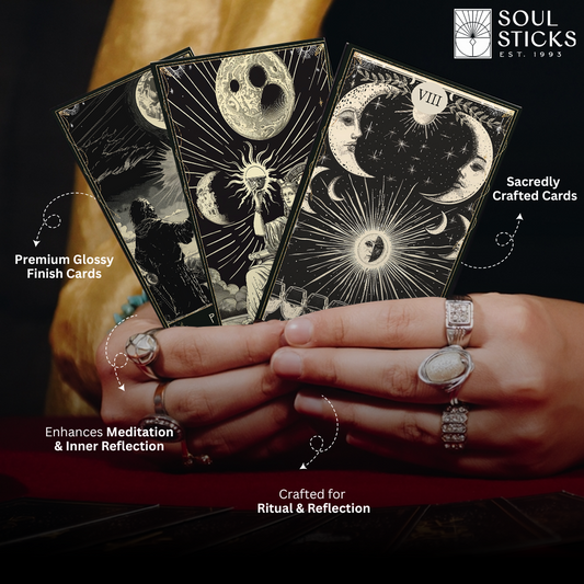 Set of spiritual cards with mystical artwork and messages.