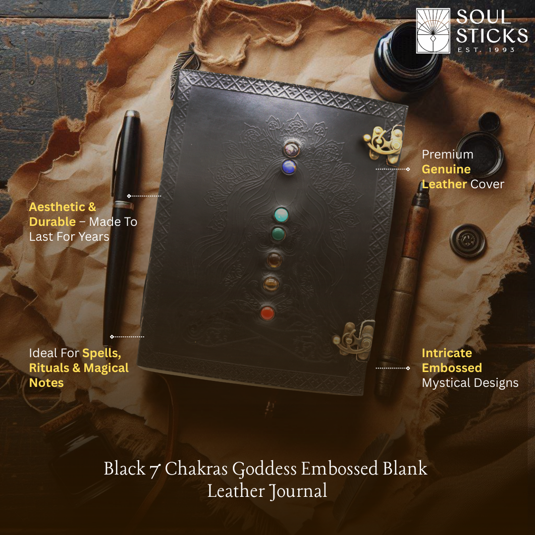 Black 7 Chakras Goddess Embossed Blank Leather Journal 10" x 13"