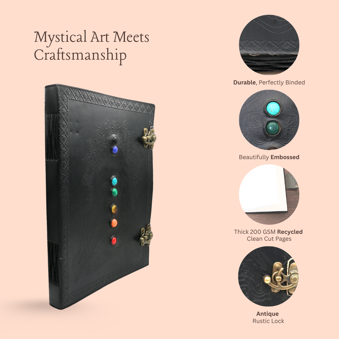 Black 7 Chakras Goddess Embossed Blank Leather Journal 10" x 13"