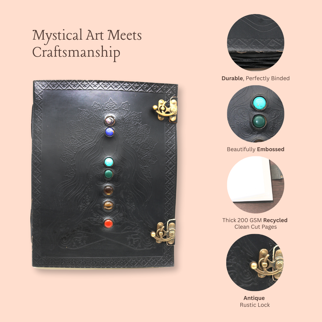 Black 7 Chakras Goddess Embossed Blank Leather Journal 10" x 13"