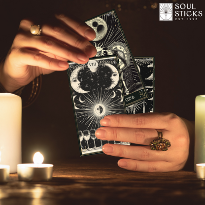 Set of spiritual cards with mystical artwork and messages.