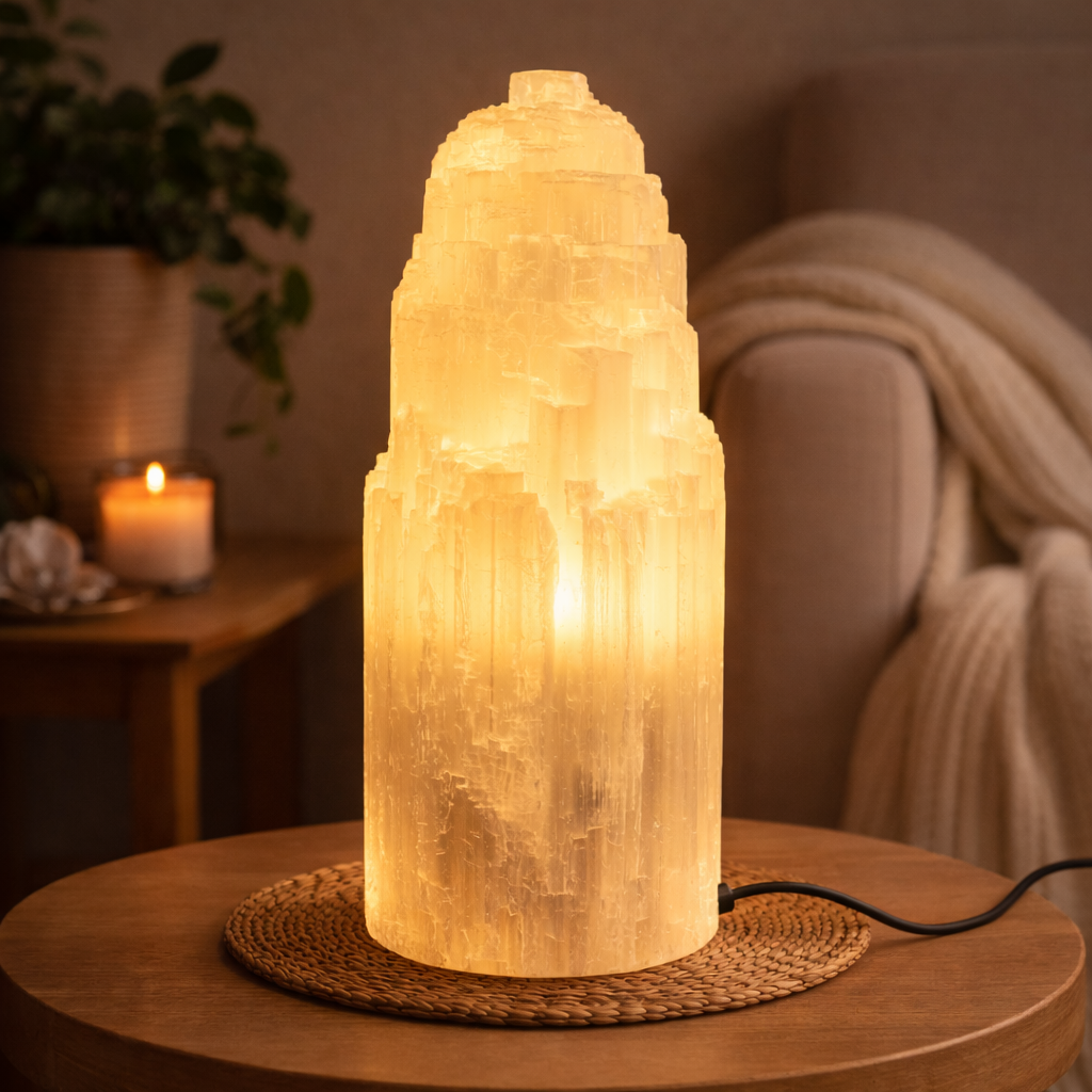 Selenite Lamp with Cord & Bulb switched on and glowing on a tabletop