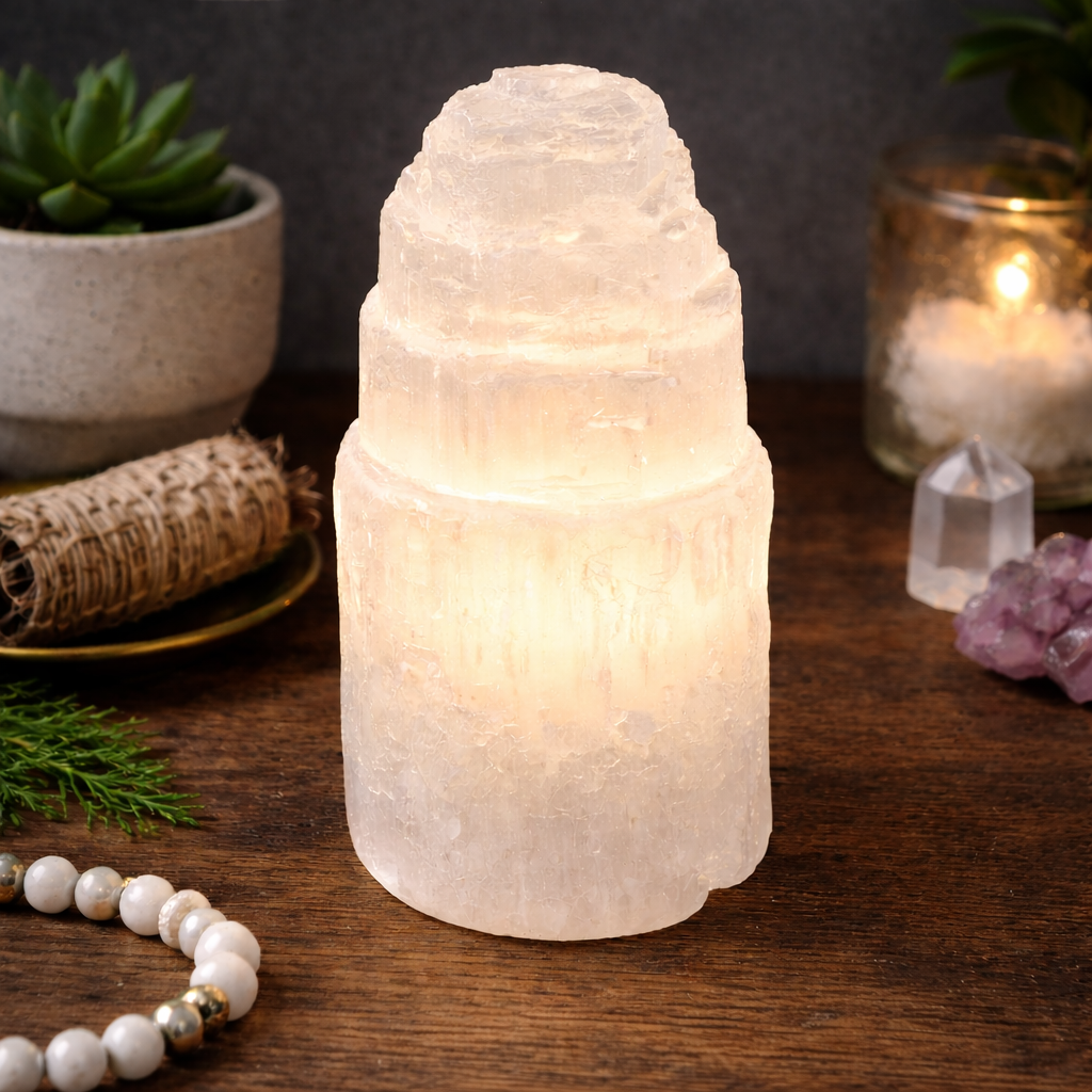 Selenite Lamp with Cord & Bulb - 6"