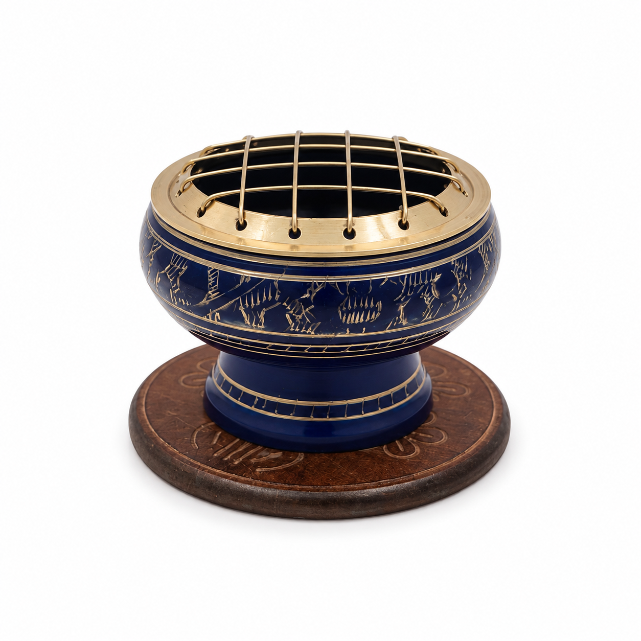 Blue decorative incense burner with gold detailing and a brass screen top, displayed on an ornate round wooden coaster against a white background.