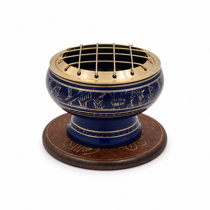 Blue decorative incense burner with gold detailing and a brass screen top, displayed on an ornate round wooden coaster against a white background.
