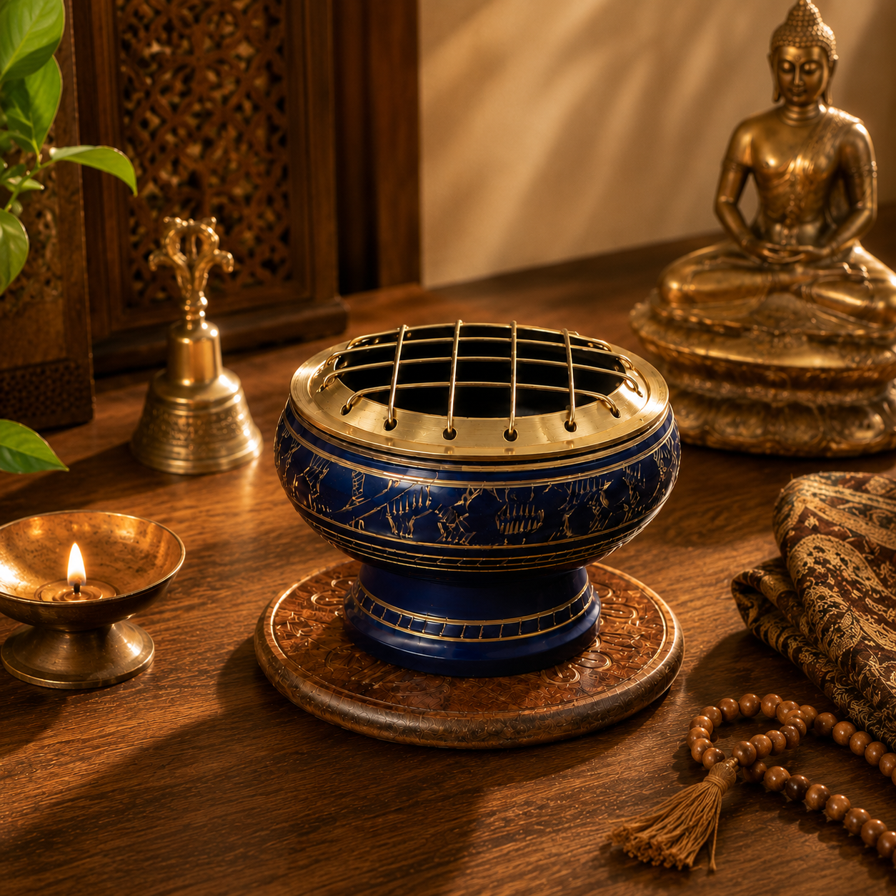 Lifestyle image of blue and gold incense burner with brass screen and carved wooden coaster.