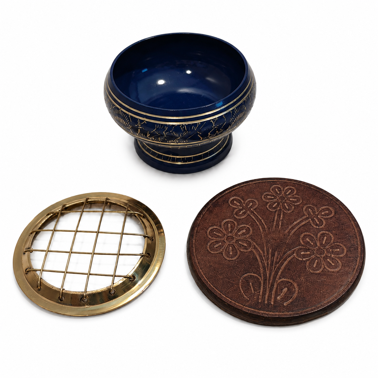 Blue incense burner set with gold detailing, removable brass screen top, and round carved wooden coaster, shown as three separate pieces on a white background.