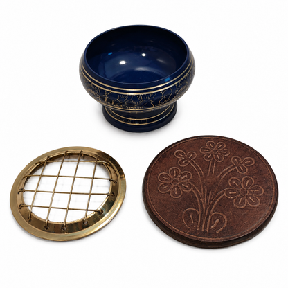 Blue incense burner set with gold detailing, removable brass screen top, and round carved wooden coaster, shown as three separate pieces on a white background.