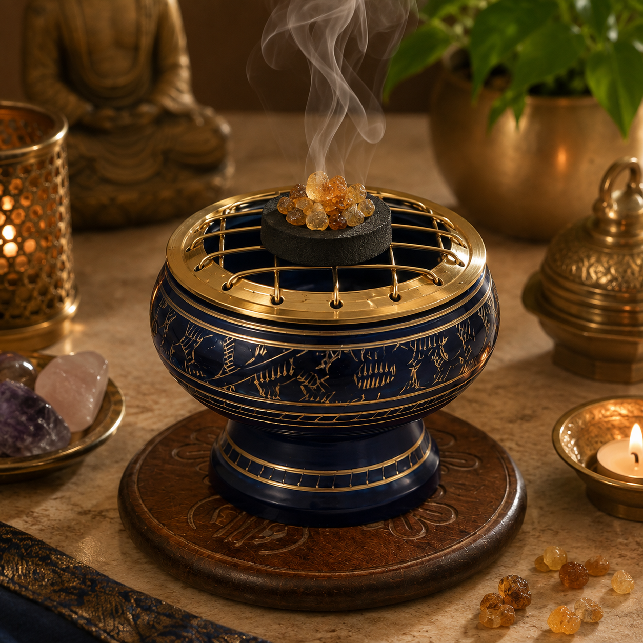 Lifestyle image of blue and gold incense burner with brass screen, burning resin incense, and carved wooden coaster.