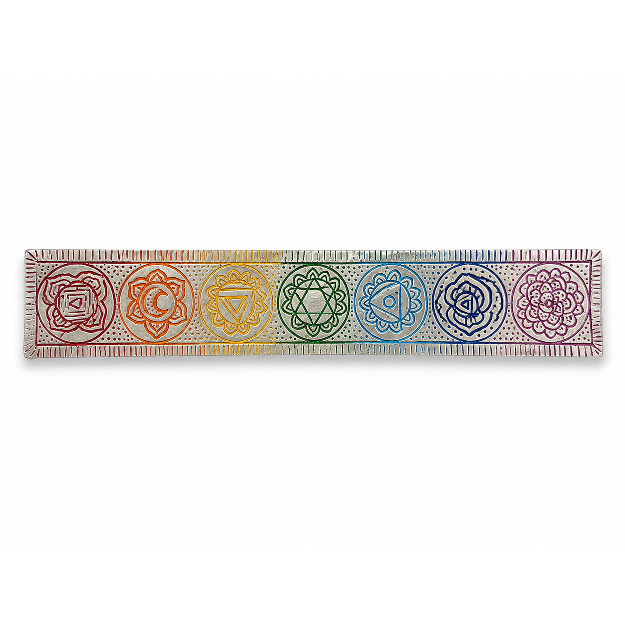 Silver-tone 7 chakra incense stick holder with seven engraved rainbow chakra symbols arranged across a long rectangular tray, shown horizontally on a white background.