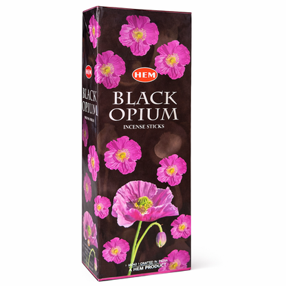 HEM Black Opium incense sticks box on white background