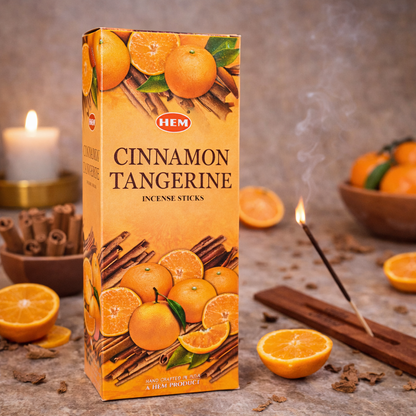 HEM Cinnamon Tangerine incense sticks box with oranges, cinnamon sticks, and burning incense