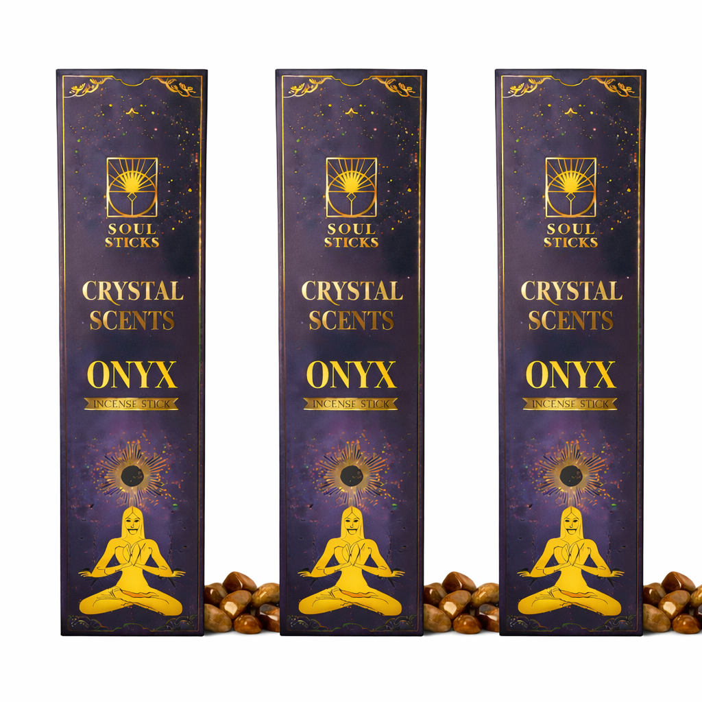 Three Soul Sticks Crystal Scents Onyx incense stick boxes with polished onyx stones on white background