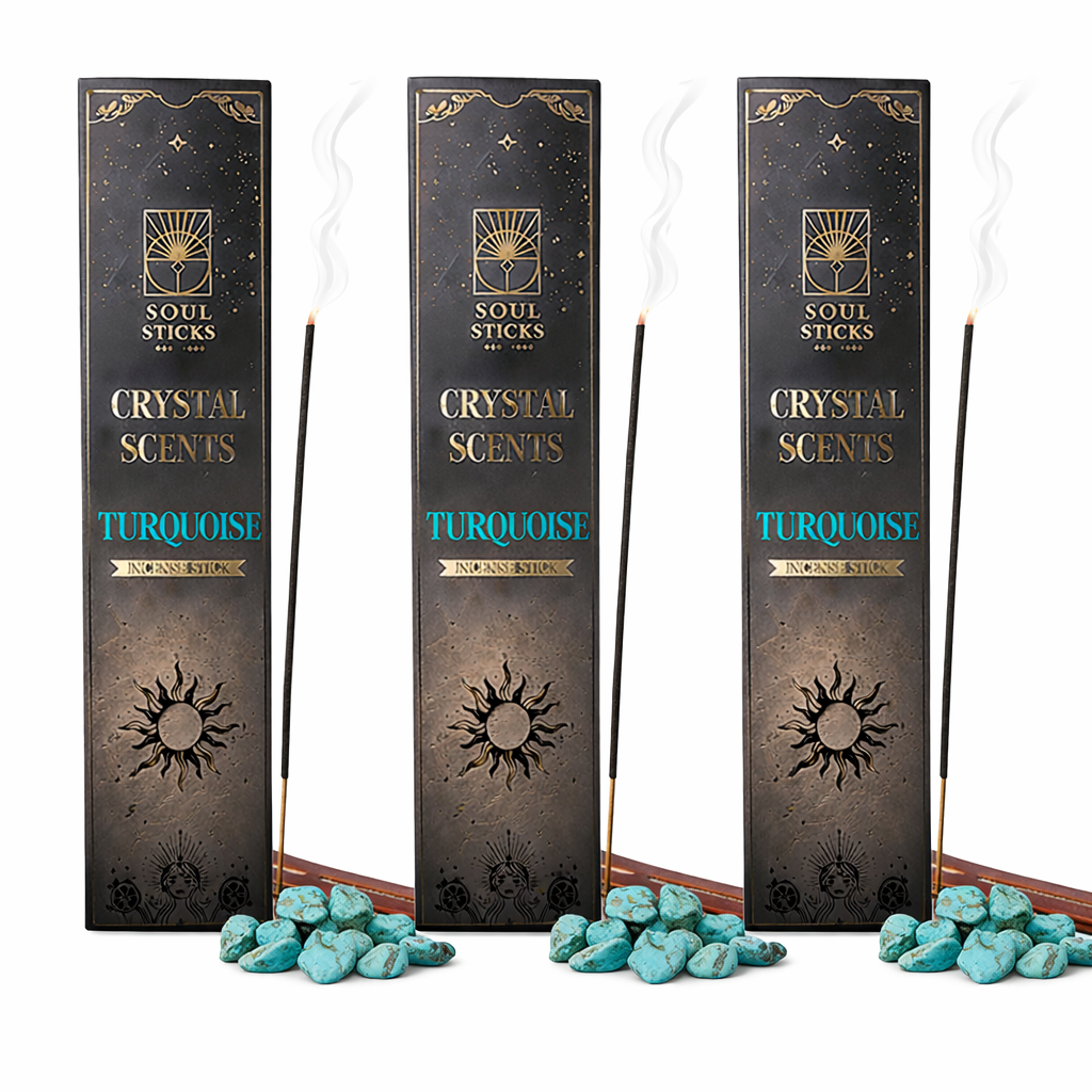 Three Soul Sticks Crystal Scents Turquoise incense stick boxes with turquoise stones and lit incense sticks on white background