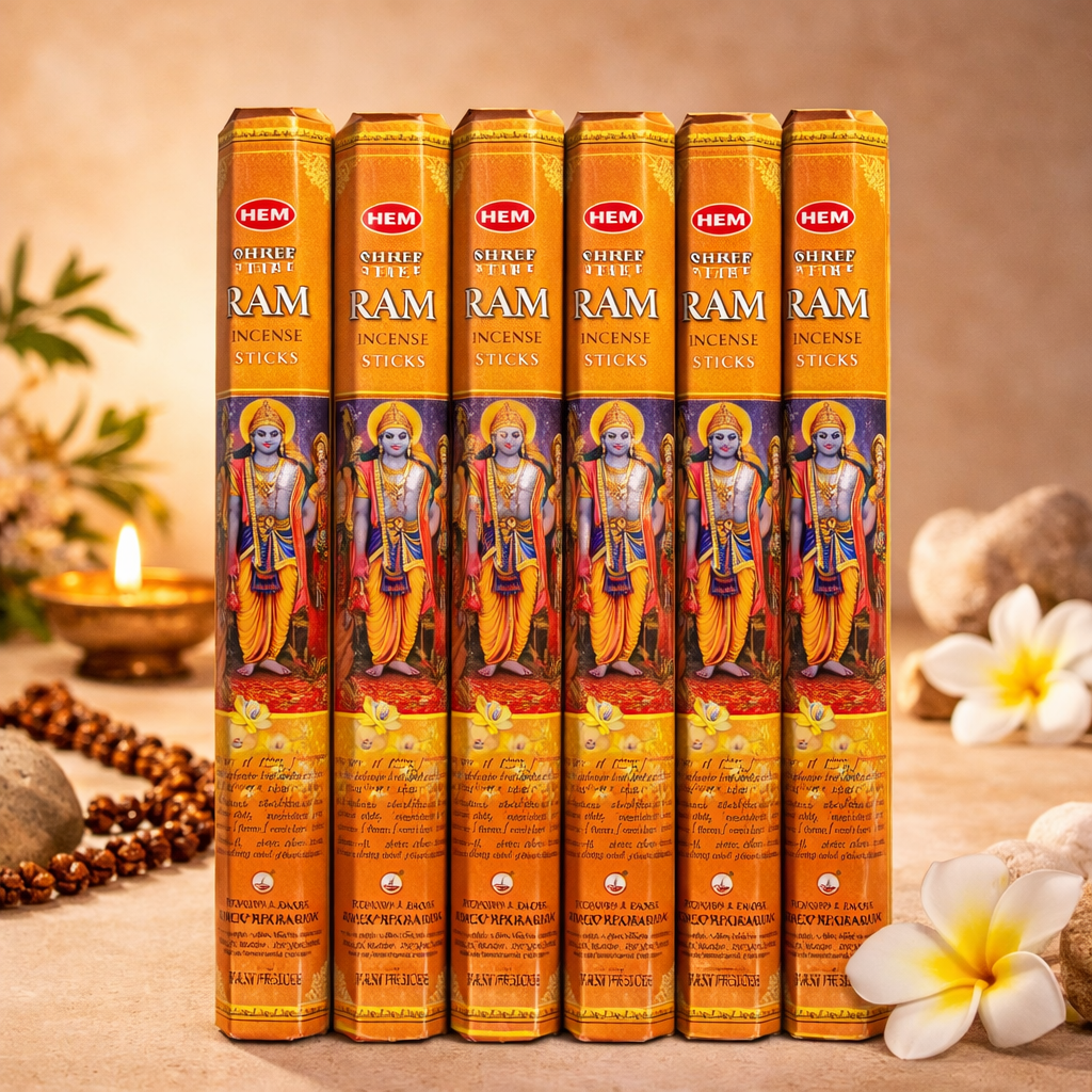 Close-up of HEM Shri Ram incense sticks and packaging