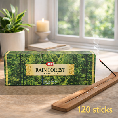 HEM Rain Forest incense sticks box with burning incense and 120 sticks text overlay