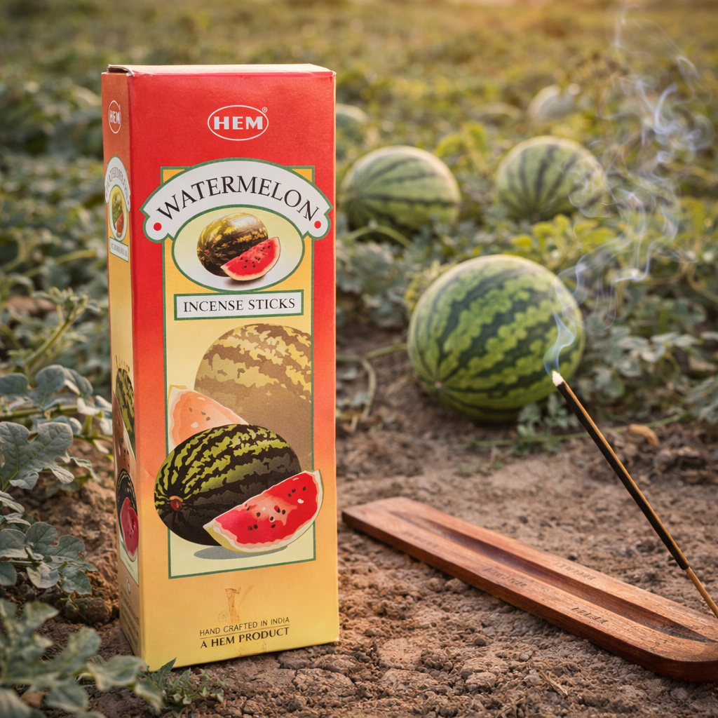 HEM Watermelon incense sticks box with burning incense in a watermelon field