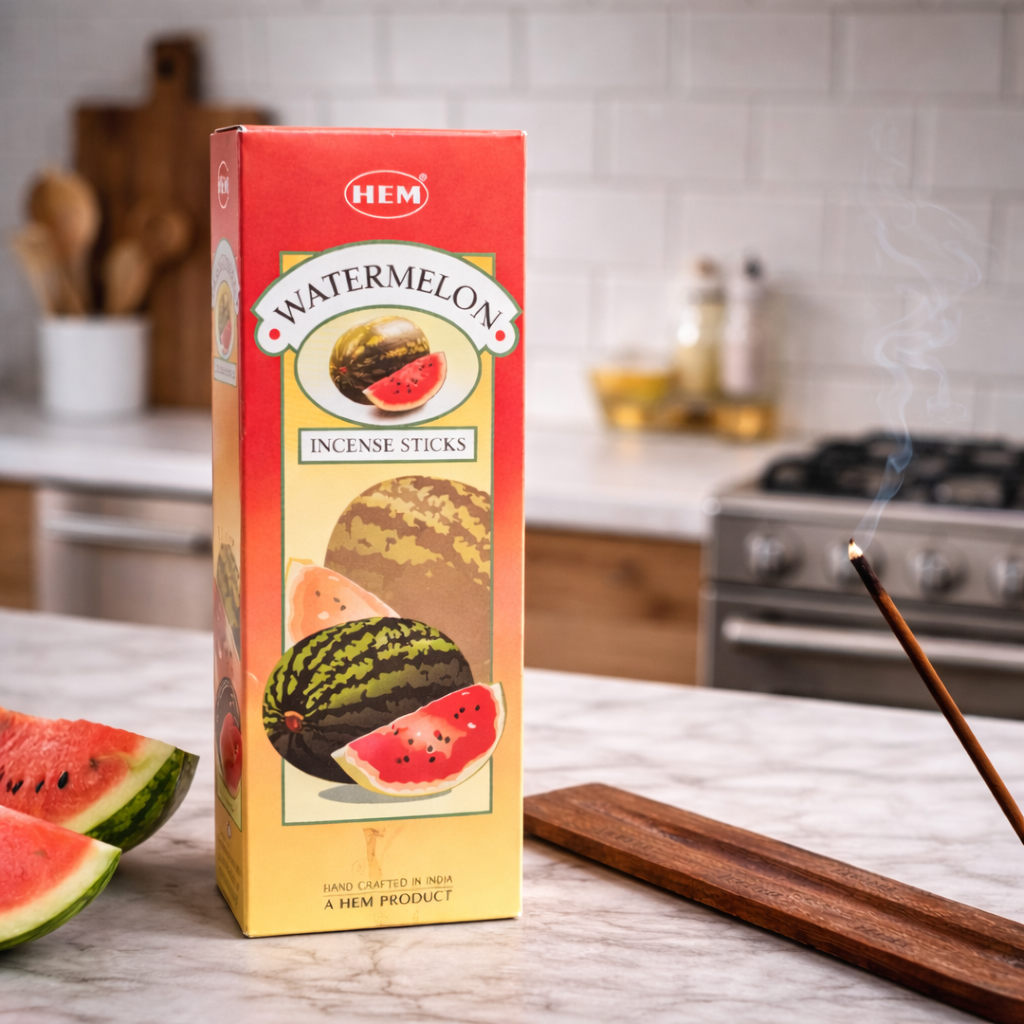 HEM Watermelon incense sticks box with burning incense and watermelon slices in a kitchen setting