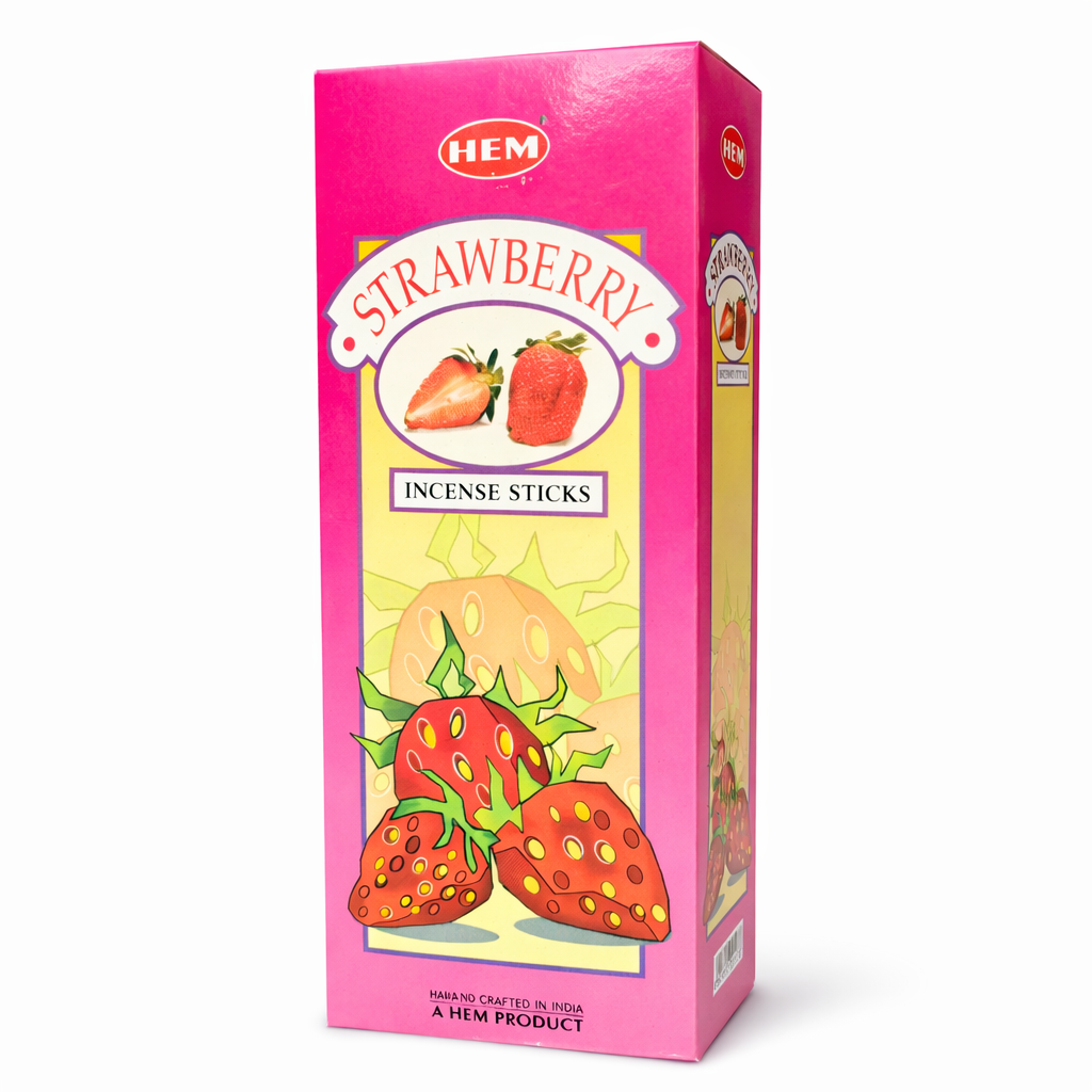 Close-up of HEM Strawberry incense sticks and packaging