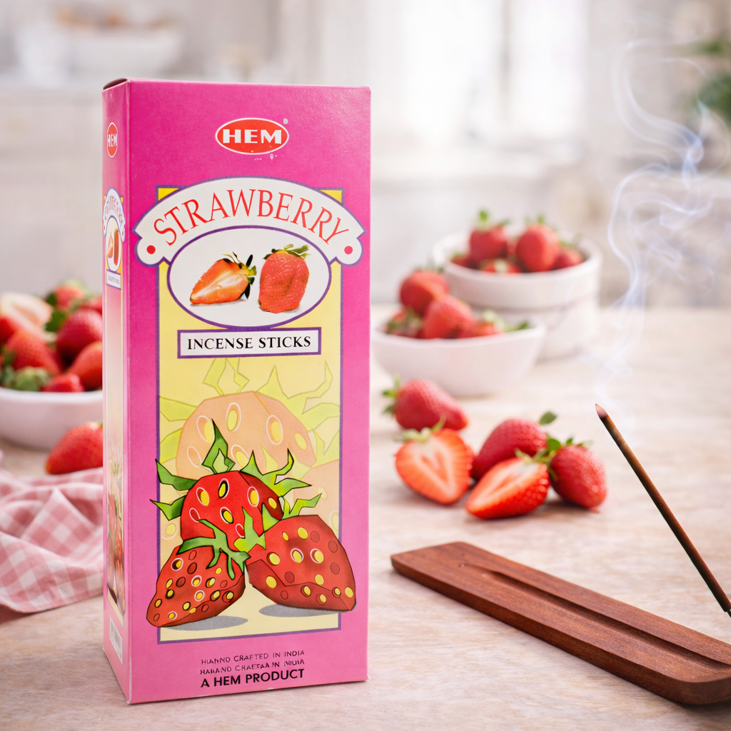 HEM Strawberry incense stick box shown on a plain background