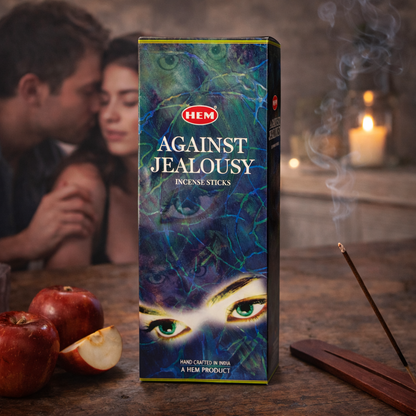 HEM Against Jealousy incense sticks box with burning incense and apples on a table