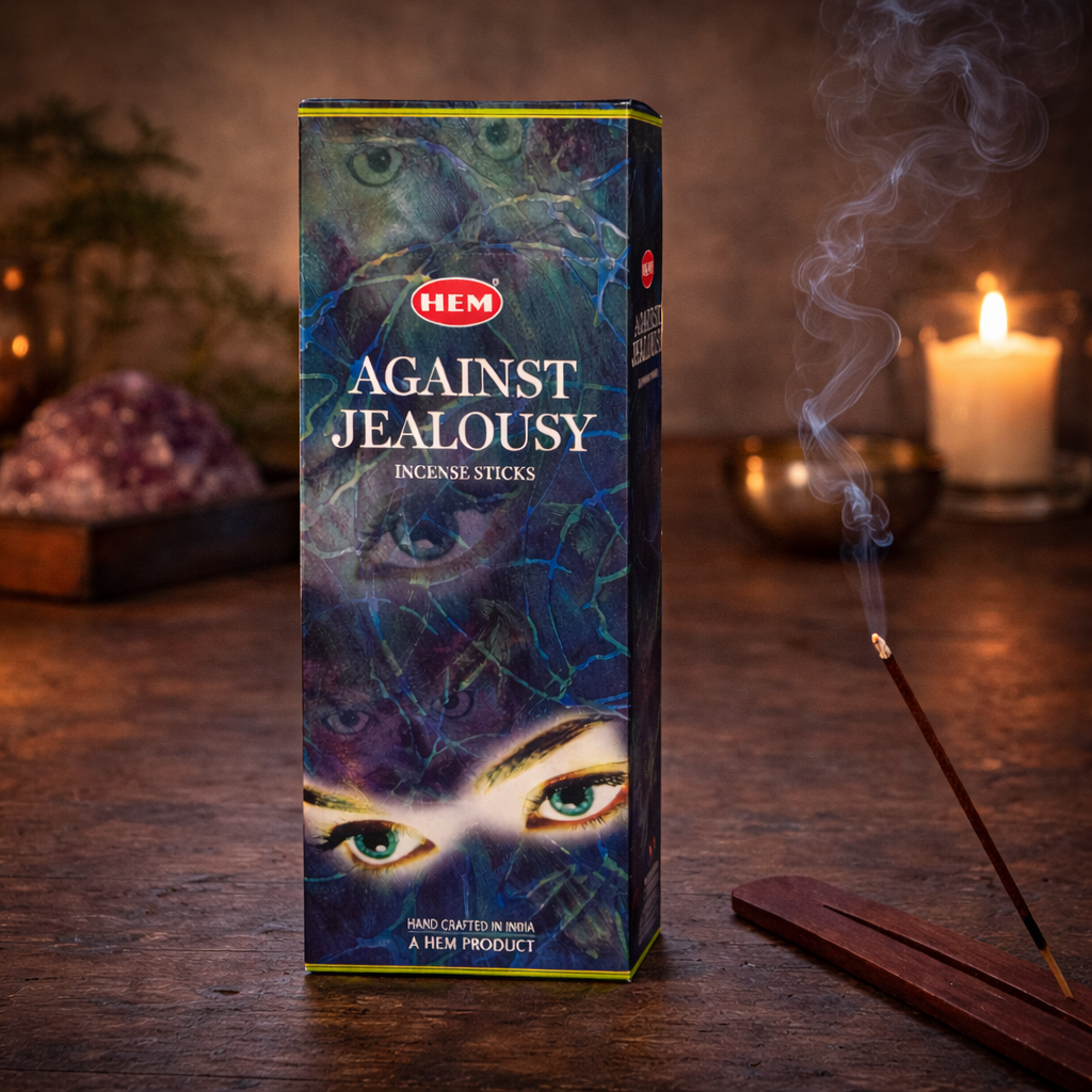 HEM Against Jealousy incense sticks box with burning incense, candle, and crystal decor