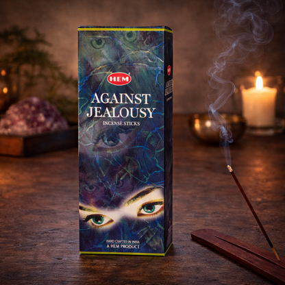 HEM Against Jealousy incense sticks box with burning incense, candle, and crystal decor
