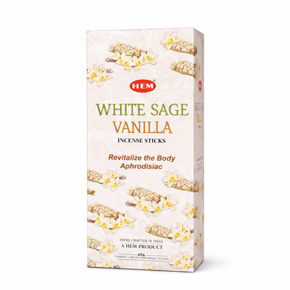 HEM White Sage Vanilla incense sticks box on white background
