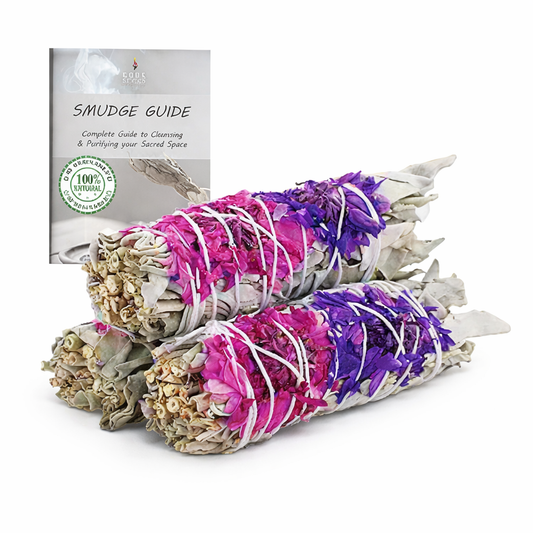Blissful Floral Sage Smudge Sticks with Smudge Guide, 3-Pack