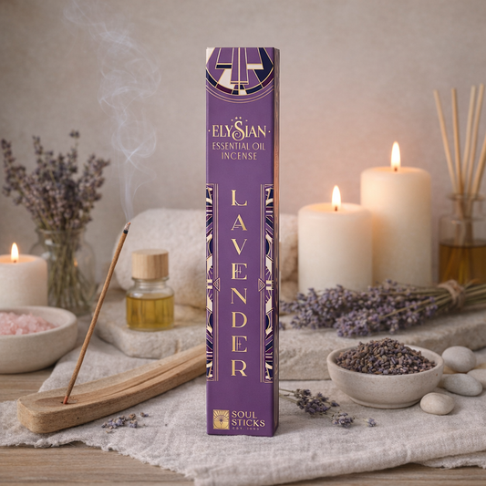 Lavender essential oil incense sticks with packaging in a styled setup