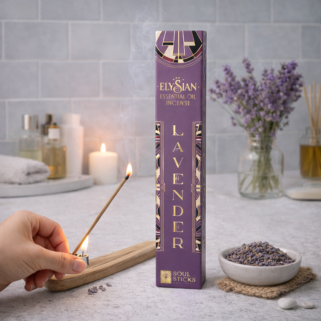 Lavender incense sticks displayed with herbs or ritual decor